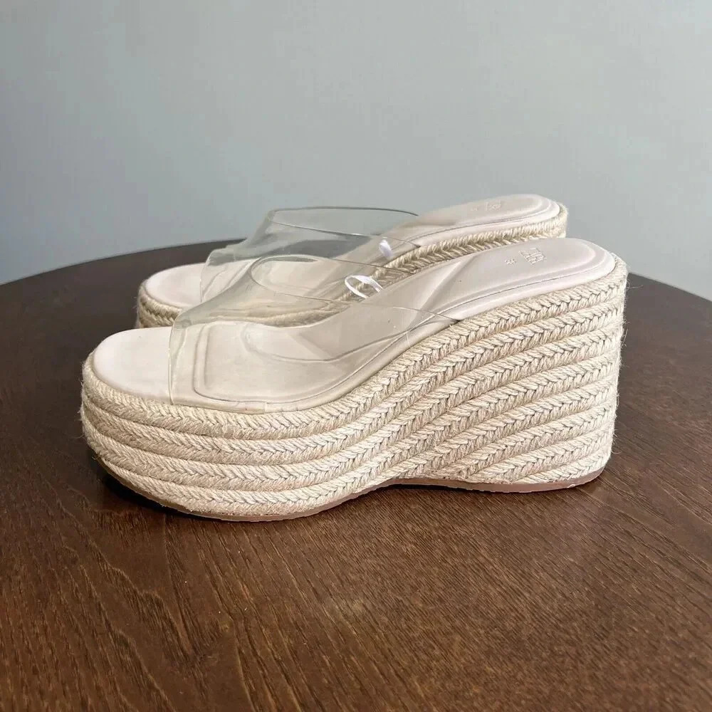 Zara Transparent Vinyl Espadrille Jute Wedge Sandals Shoes Size 38 7.5